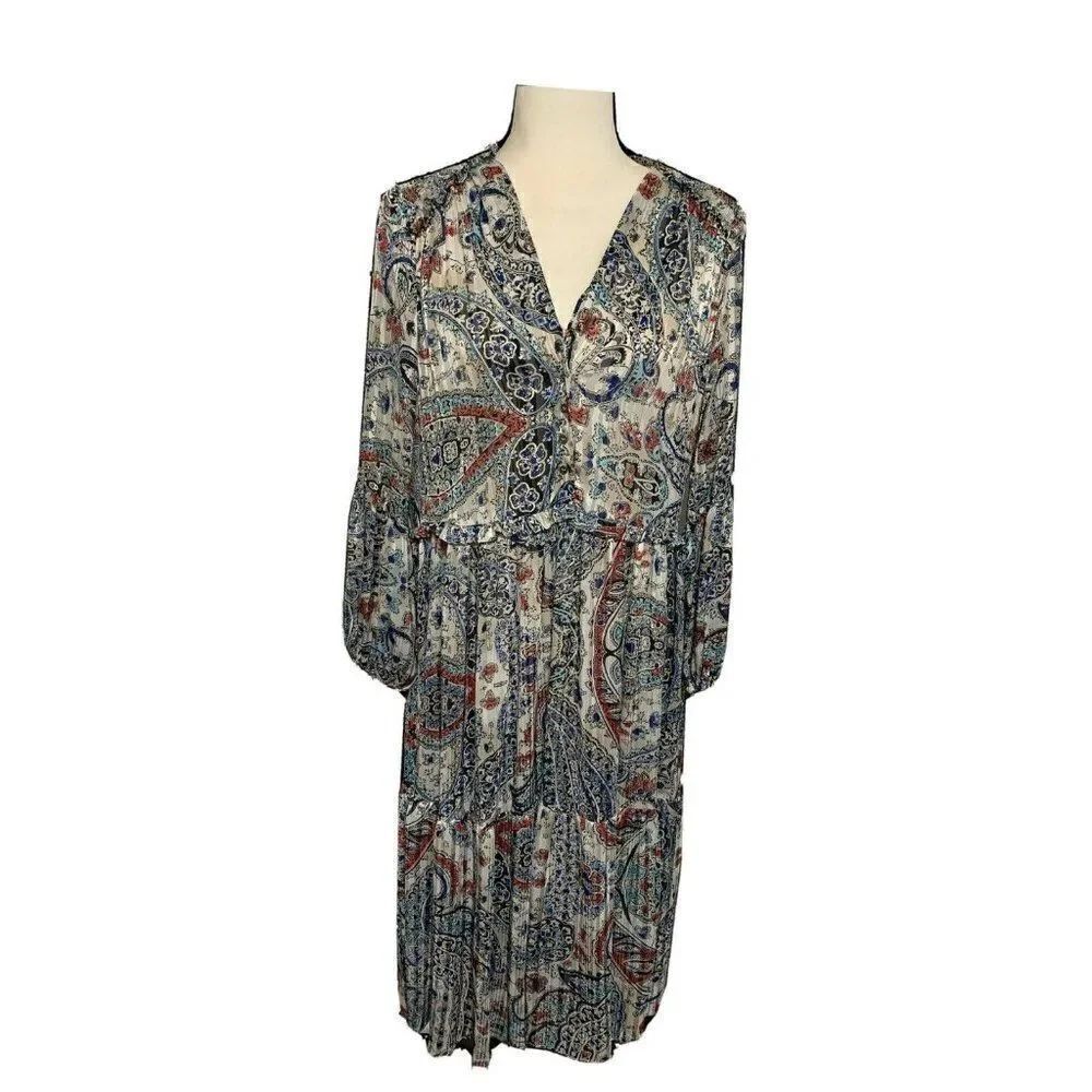 zaraย womensโblue red white long sleeve V Neckโmidi paisley bohemian dressโxs